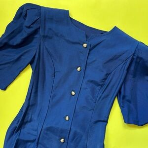 Vintage 80s Solid Button Front Short Sleeve Bow Back Dress